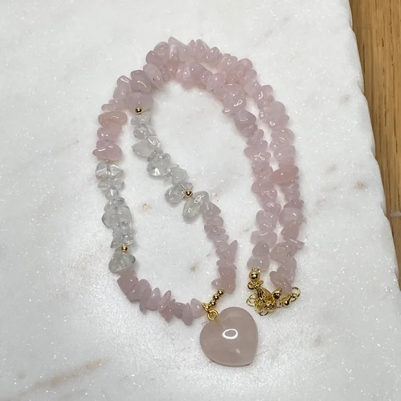 Rose Quartz Heart Pendant Beaded Necklace - Pink - Picture 6 of 9